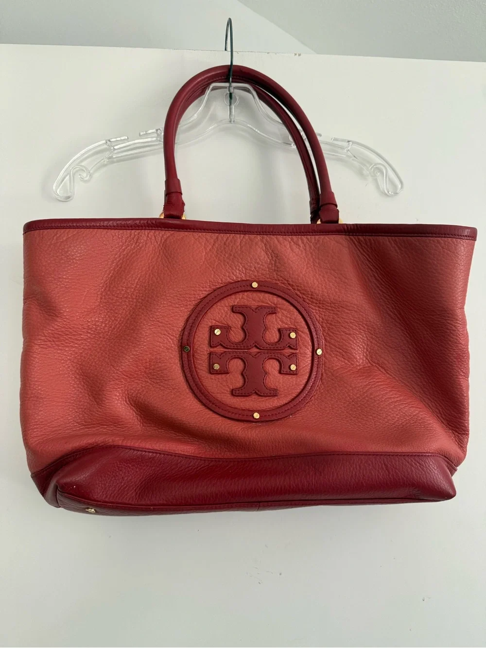 Tory Burch Two-Tone Pebbled Red Leather Tote with Logo Medallion